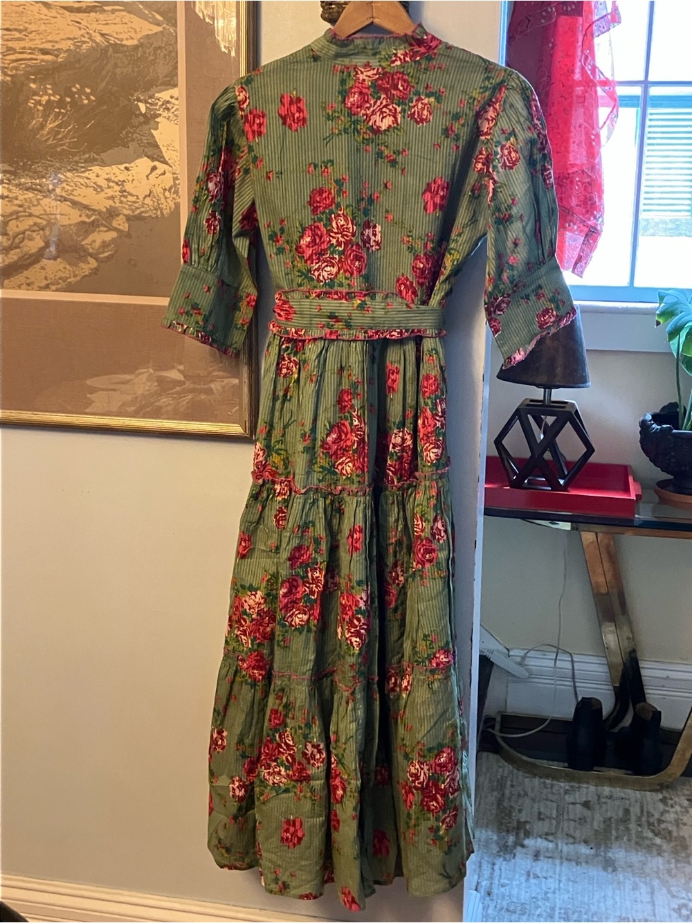 Green Floral Midi Dress with Self Tie Belt - Picture 4 of 5